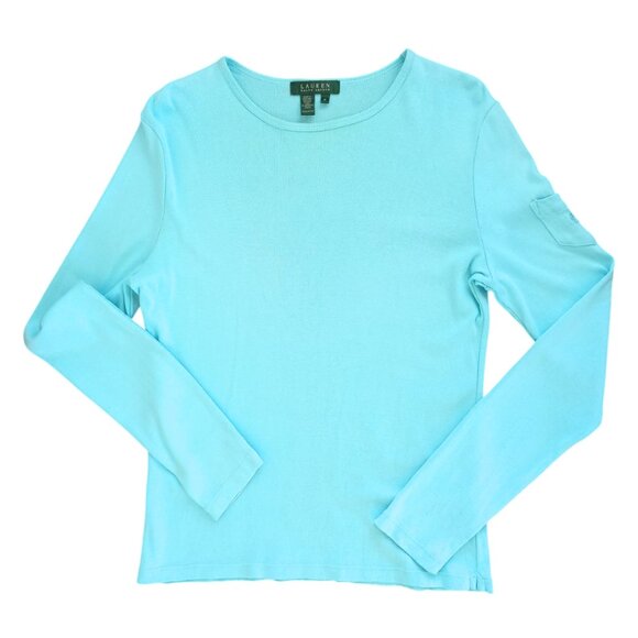 Lauren Ralph Lauren Aqua Blue Women's Top - Long Sleeve Crewneck Tee, Size M - Picture 3 of 8